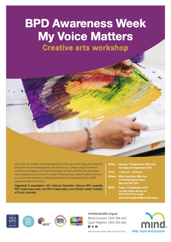 My Voice Matters Creative Arts workshop flyer with a hand painting vibrant colours on a canvas