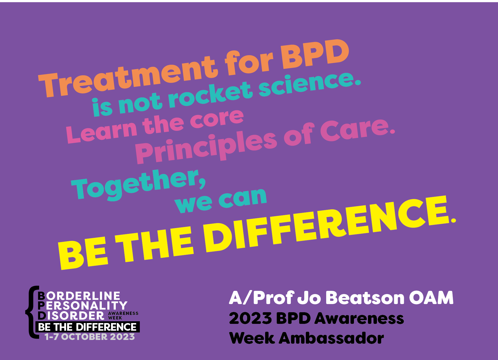 Postcard with the quote 'Treatment for BPD is not rocket science. A/Prof Jo Beatson